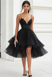 Black A Line Tiered Tulle Graduation Dress with Appliques