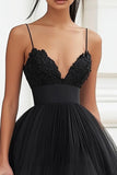 Black A Line Tiered Tulle Graduation Dress with Appliques