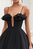 Black A Line Spaghetti Straps Tulle Graduation Dress