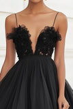 Black A Line Tiered Tulle Graduation Dress