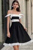 Black A Line Spaghetti Straps Ruffled Graduation Dress