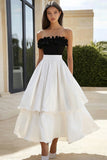 Strapless Ruffled Black and White A Line Holiday Dress