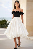 Off The Shoulder Black and White A Line Holiday Dress with Ruffles