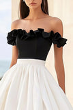 Off The Shoulder Black and White A Line Holiday Dress with Ruffles