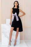 Boat Neck A Line Little Black Dress with Bow