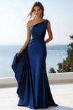 Mermaid Navy One Shoulder Ruched Formal Dress