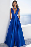 Royal Blue Satin A Line Long Formal Dress
