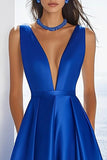 Royal Blue Satin A Line Long Formal Dress