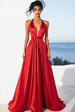 Red Halter Satin A Line Formal Dress