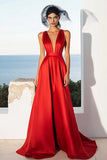Red Satin A Line V-Neck Formal Dress