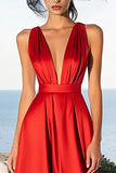 Red Satin A Line V-Neck Formal Dress
