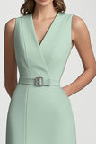 Green Sheath Midi Work Dress with Belt