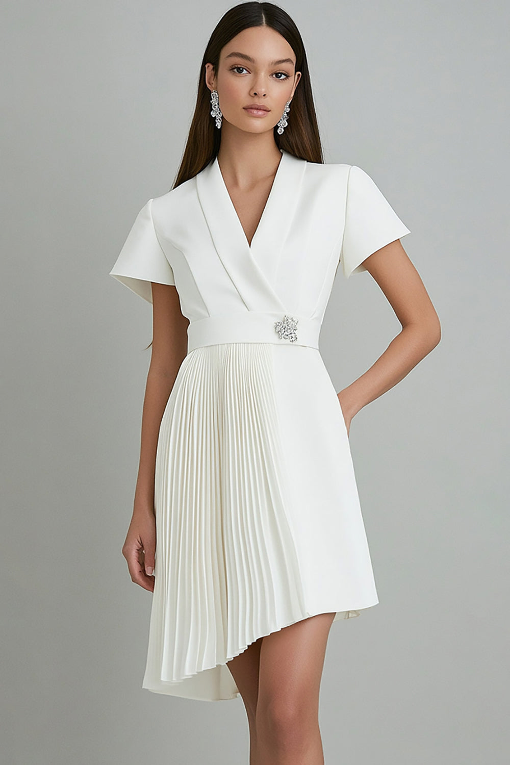 Berylove Women Ivory Pleated Graduation Dress A Line Asymmetrical V-Neck Work Dress with Short Sleeves, Ivory / custom Berylove Women Ivory Pleated Graduation Dress A Line Asymmetrical V-Neck Work Dress with Short Sleeves, Ivory / custom