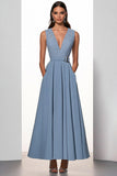 Blue Appliqued A Line Work Dress with Belt