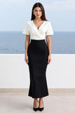 Black Bodycon V-Neck Midi Work Dress with Short Sleeves