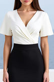 Black Bodycon V-Neck Midi Work Dress with Short Sleeves
