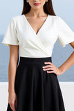 Black A Line V-Neck Midi Work Dress with Short Sleeves