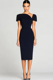 Black Bodycon Midi Work Dress with Short Sleeves