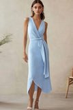 Blue Sheath Asymmetrical Wedding Guest Dress with Sash