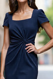 Navy Ruched Short Sleeve Midi Work Dress