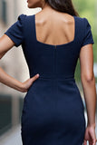 Navy Ruched Short Sleeve Midi Work Dress