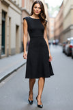 A Line Black Round Neck Midi Work Dress