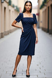 Navy Ruched Short Sleeve Sheath Work Dress