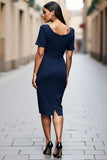 Navy Ruched Short Sleeve Sheath Work Dress