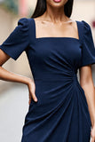 Navy Ruched Short Sleeve Sheath Work Dress