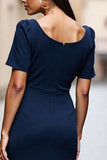 Navy Ruched Short Sleeve Sheath Work Dress