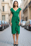 Ruffled Green Sheath V-Neck Work Dress
