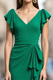 Ruffled Green Sheath V-Neck Work Dress