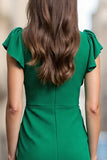 Ruffled Green Sheath V-Neck Work Dress
