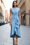 Sky Blue Ruffled Ruched Work Dress