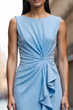 Sky Blue Ruffled Ruched Work Dress