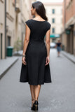 A Line Black V-Neck Cap Sleeve Work Dress