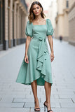 Ruffled A Line Mint Green Square Neck Work Dress