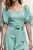 Ruffled A Line Mint Green Square Neck Work Dress