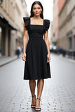 Black A Line Ruffle Sleeve Midi Work Dress