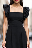 Black A Line Ruffle Sleeve Midi Work Dress