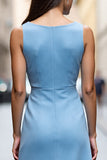 Sky Blue Ruffled Sheath Work Dress with Slit