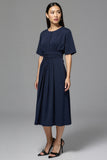 Navy A Line Round Neck Midi Work Dress