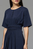Navy A Line Round Neck Midi Work Dress