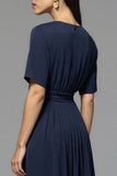 Navy A Line Round Neck Midi Work Dress
