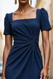 Navy Ruched Midi Work Dress with Slit