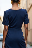 Navy Ruched Midi Work Dress with Slit