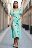 Navy A Line Ruffled Work Dress with Sash