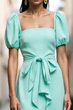 Navy A Line Ruffled Work Dress with Sash