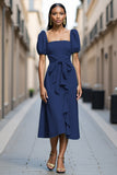 Navy A Line Ruffled Work Dress with Sash