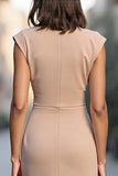 Champagne Sheath Round Neck Midi Work Dress